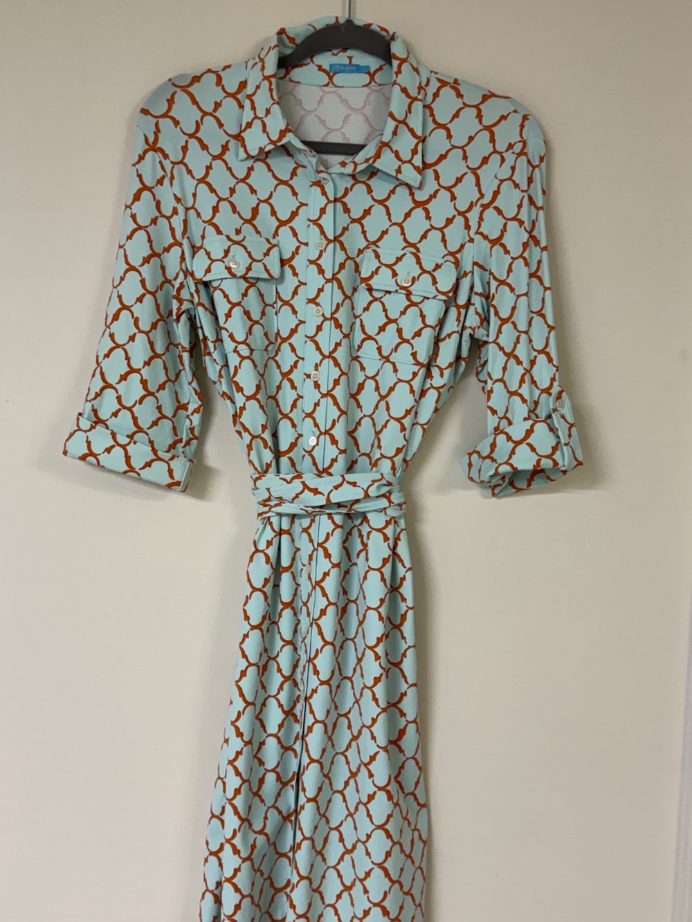 J McLaughlin Teal Button-Front Shirt Dress with Geometric Print